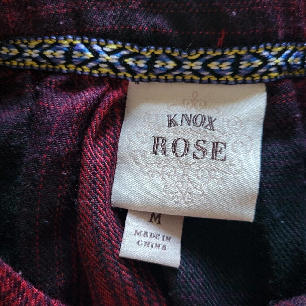 Knox Rose Shirt Top Women Size Medium Red Black Plaid Boho Balloon Sleeve Tassel - Picture 4 of 10